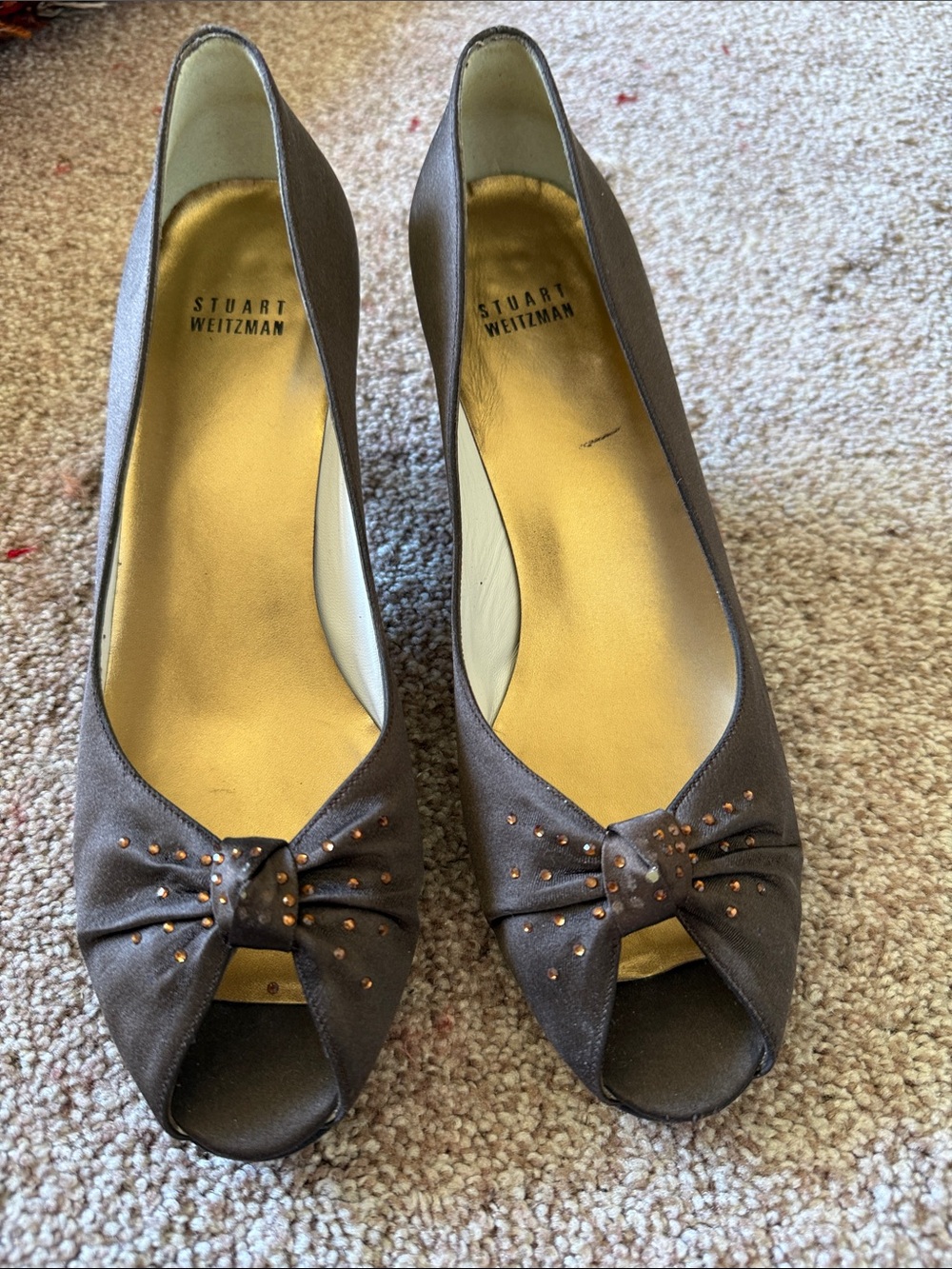 Stuart Weitzman Brown Open-Toe Bow Pumps with Stud Detail